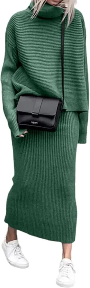 CHARTOU Women's Elegant Stacked Cowl Collar Rib-Knit 2 Pieces Pencil Sweater Skirt Sets