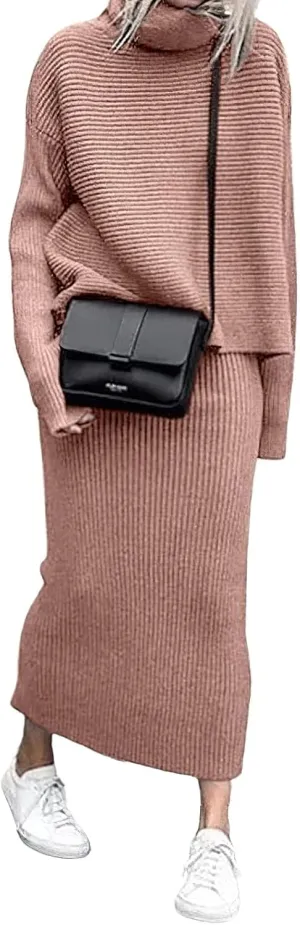 CHARTOU Women's Elegant Stacked Cowl Collar Rib-Knit 2 Pieces Pencil Sweater Skirt Sets