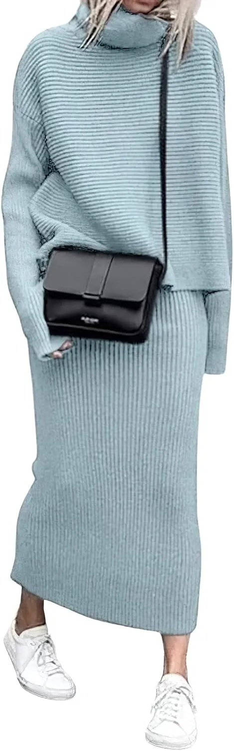 CHARTOU Women's Elegant Stacked Cowl Collar Rib-Knit 2 Pieces Pencil Sweater Skirt Sets