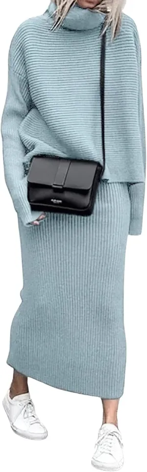 CHARTOU Women's Elegant Stacked Cowl Collar Rib-Knit 2 Pieces Pencil Sweater Skirt Sets