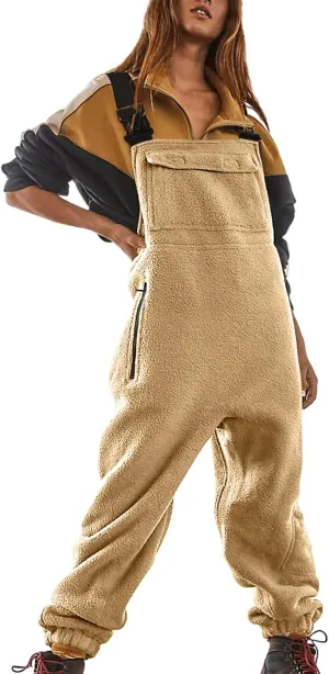 CHARTOU Women's Fleece Bib Overalls Jumpsuits Cargo Loose Long Romper Jogger Boyfriend Harem Pants Baggy