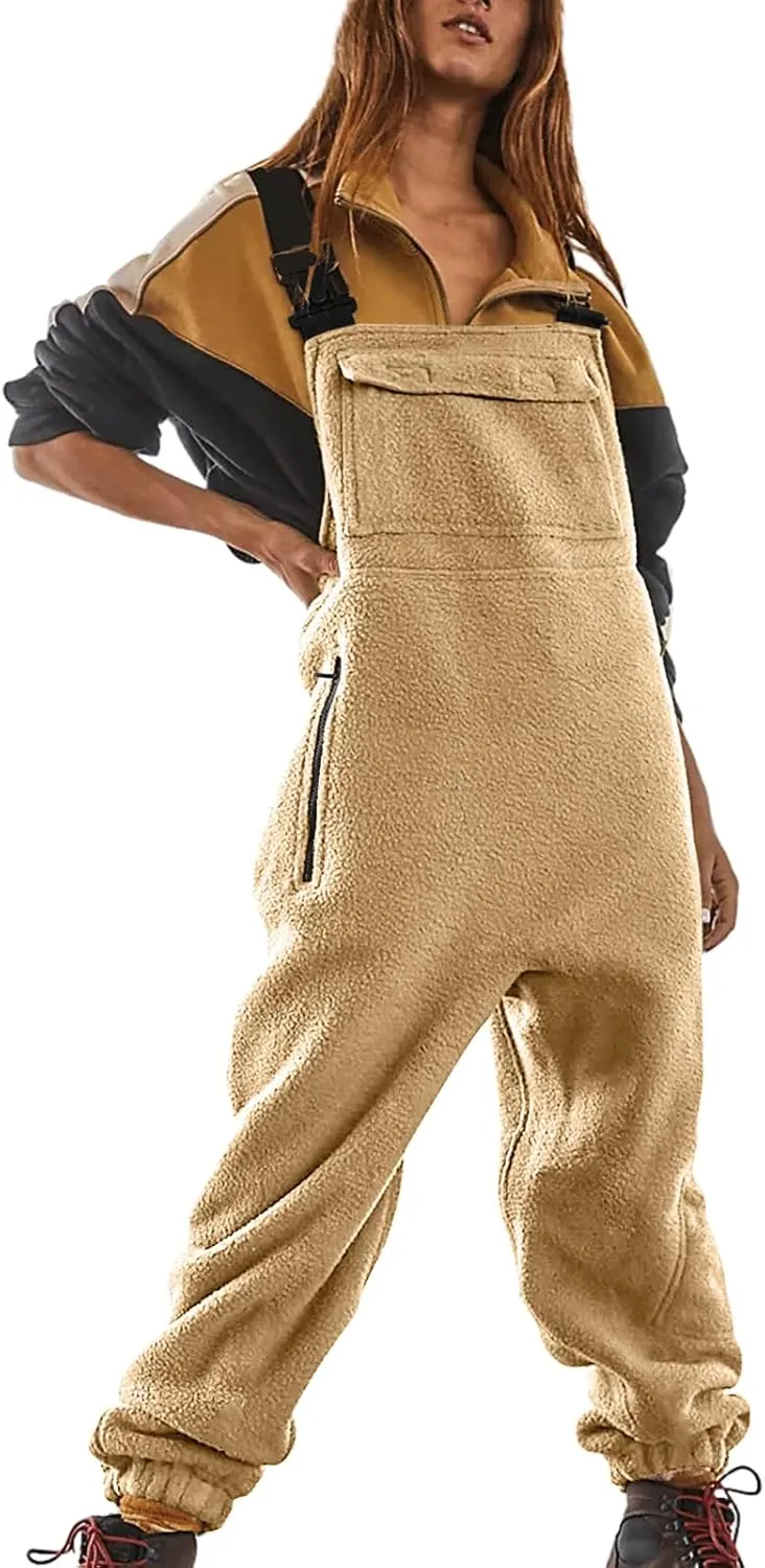 CHARTOU Women's Fleece Bib Overalls Jumpsuits Cargo Loose Long Romper Jogger Boyfriend Harem Pants Baggy
