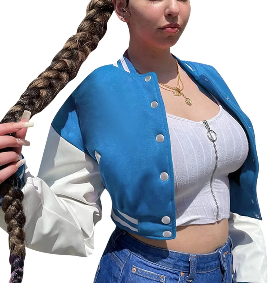 Chatinction Women's Casual Varsity Baseball Jacket Faux Leather Long Sleeve Button Colorblock Crop Bomber Jackets Coat