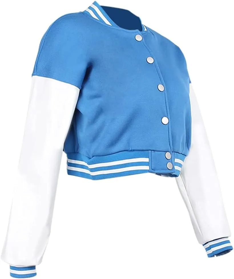 Chatinction Women's Casual Varsity Baseball Jacket Faux Leather Long Sleeve Button Colorblock Crop Bomber Jackets Coat
