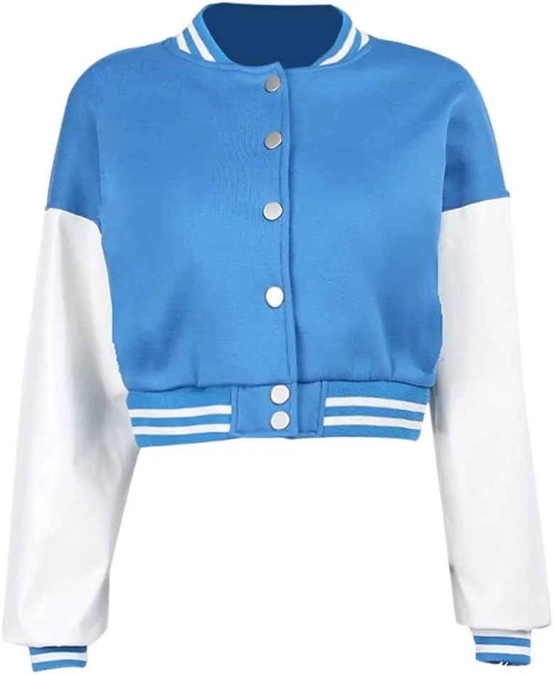 Chatinction Women's Casual Varsity Baseball Jacket Faux Leather Long Sleeve Button Colorblock Crop Bomber Jackets Coat