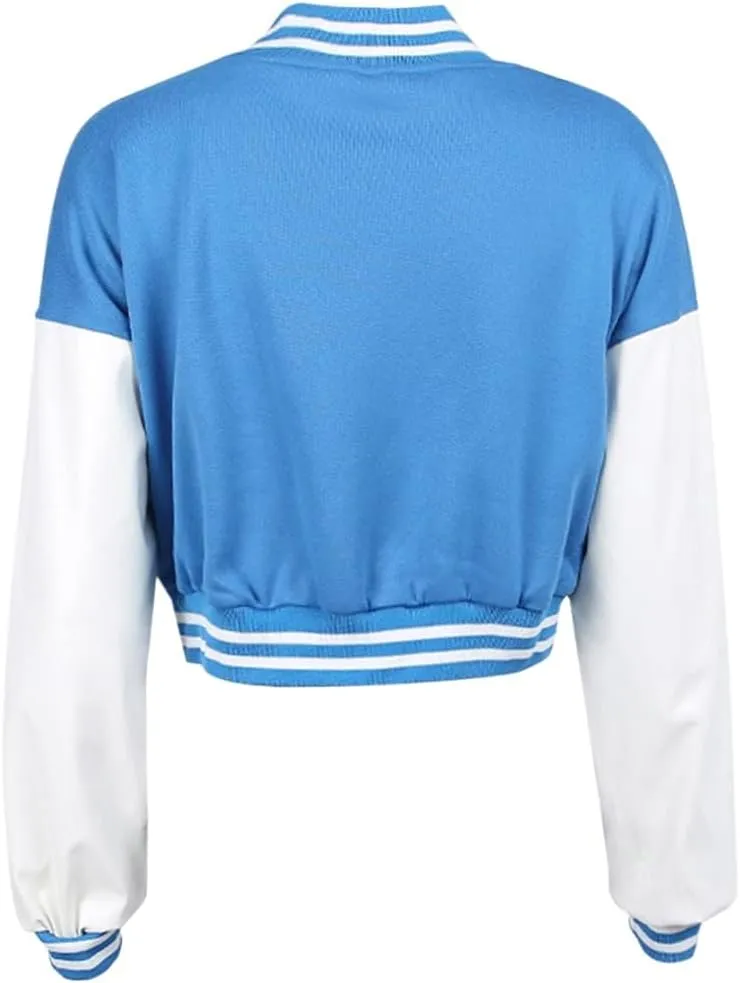 Chatinction Women's Casual Varsity Baseball Jacket Faux Leather Long Sleeve Button Colorblock Crop Bomber Jackets Coat