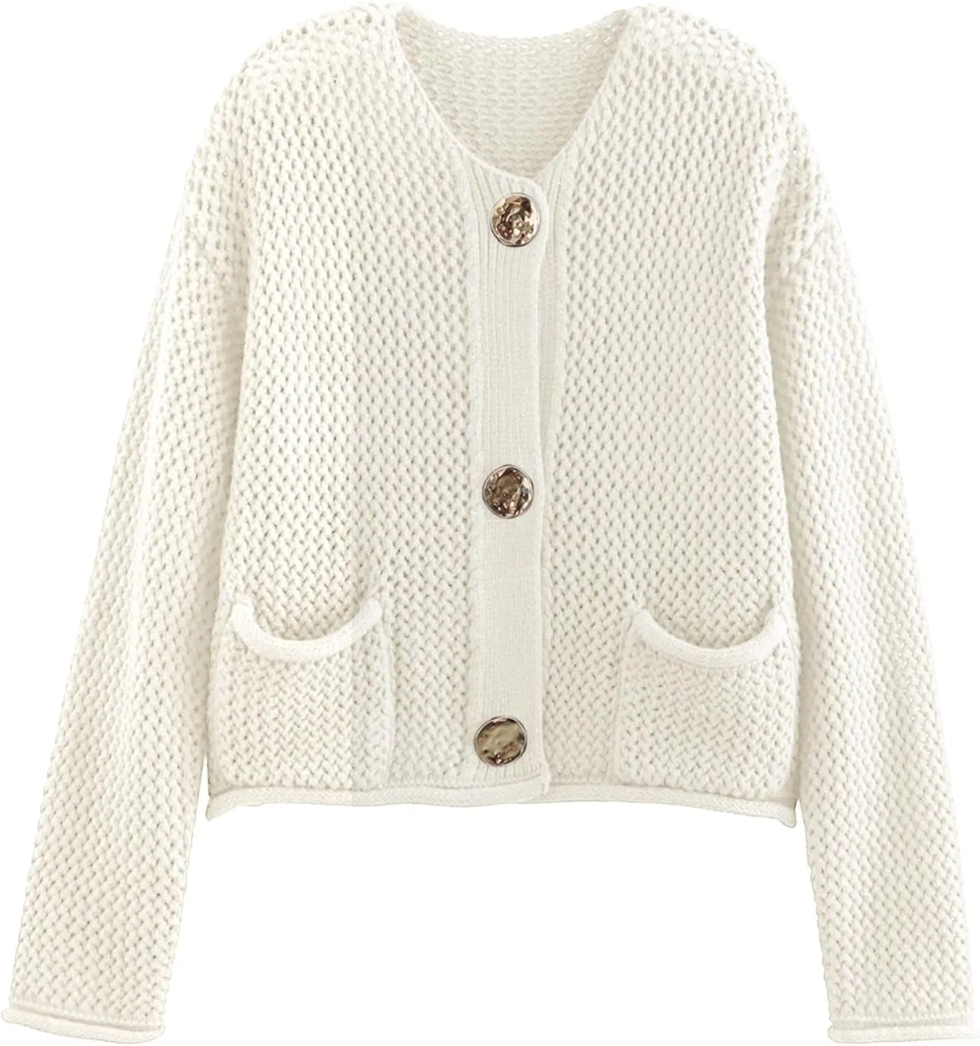Chevara Womens Cropped Cardigan Sweater Long Sleeve Crewneck Button Down Knit Sweater with Pockets