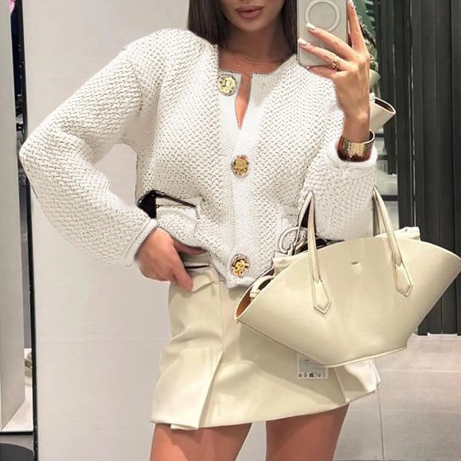 Chevara Womens Cropped Cardigan Sweater Long Sleeve Crewneck Button Down Knit Sweater with Pockets