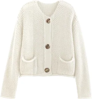 Chevara Womens Cropped Cardigan Sweater Long Sleeve Crewneck Button Down Knit Sweater with Pockets