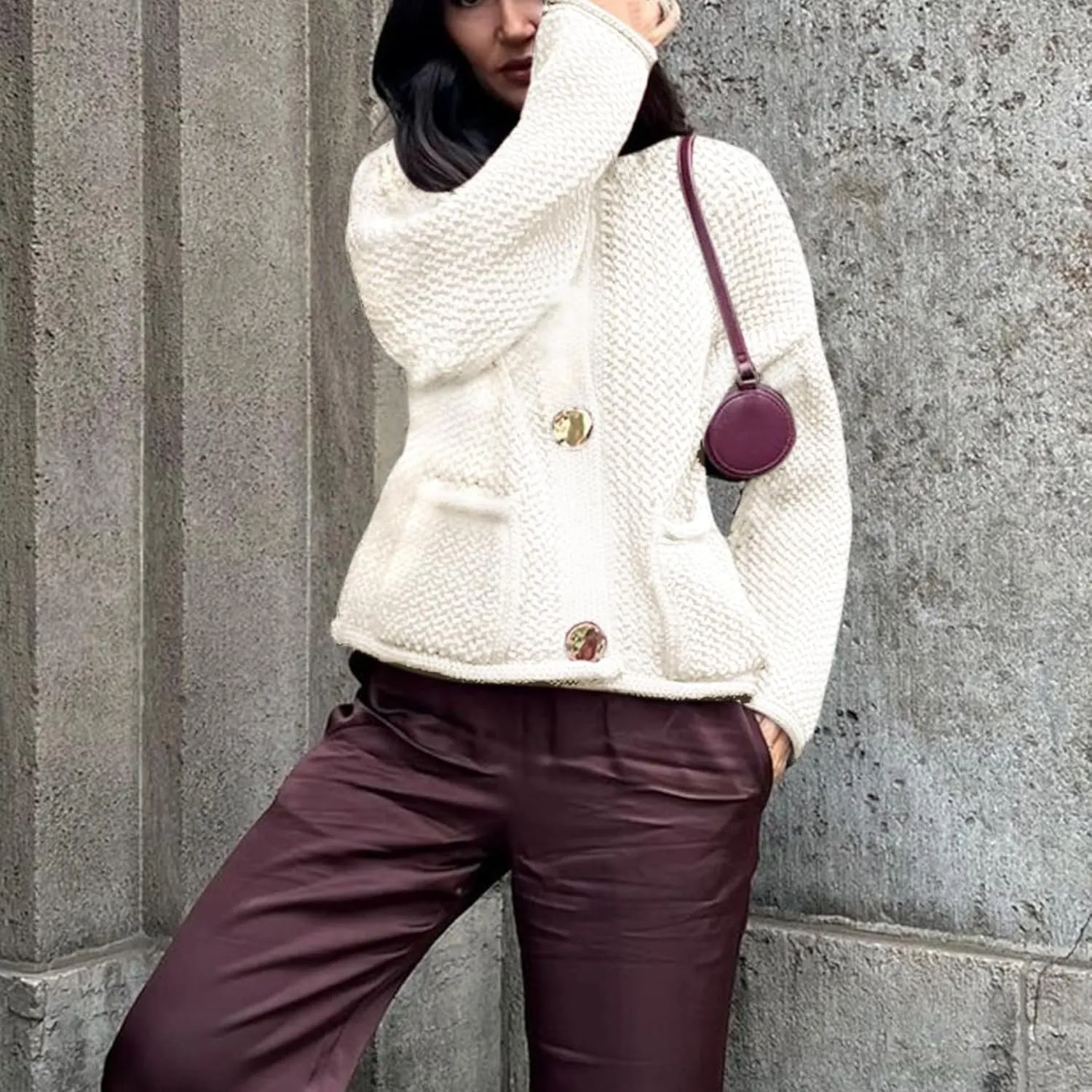 Chevara Womens Cropped Cardigan Sweater Long Sleeve Crewneck Button Down Knit Sweater with Pockets