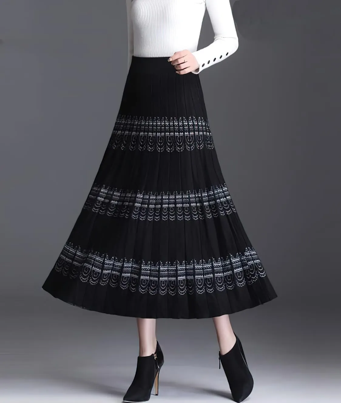 chouyatou Women Winter Boho Western Tribal Aztec Printed Elastic High Waist A Line Knit Pleated Midi Skirt