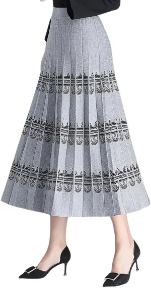 chouyatou Women Winter Boho Western Tribal Aztec Printed Elastic High Waist A Line Knit Pleated Midi Skirt