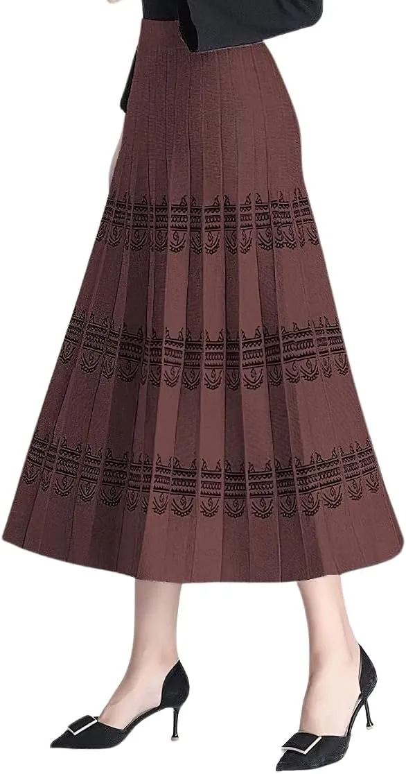 chouyatou Women Winter Boho Western Tribal Aztec Printed Elastic High Waist A Line Knit Pleated Midi Skirt