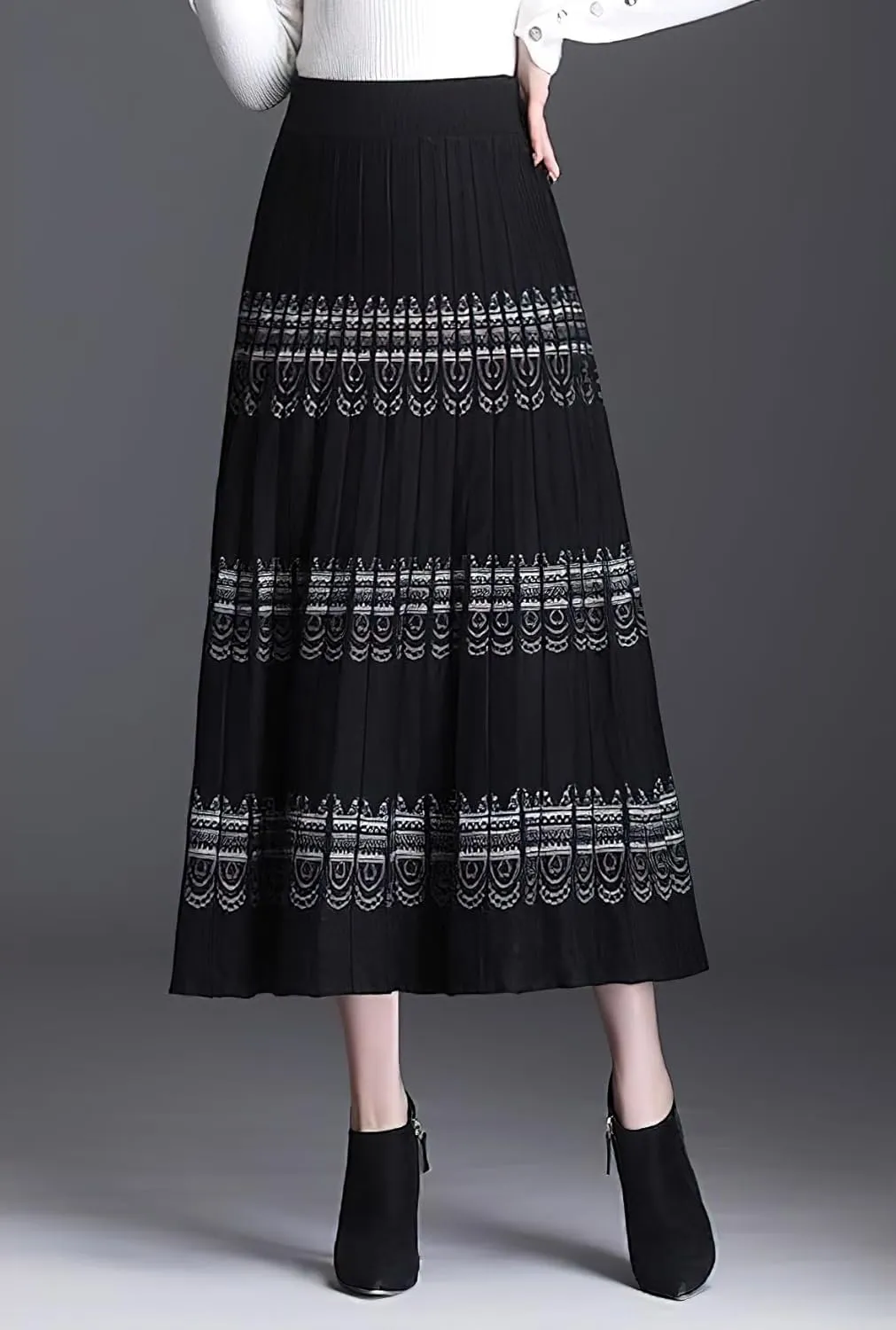 chouyatou Women Winter Boho Western Tribal Aztec Printed Elastic High Waist A Line Knit Pleated Midi Skirt