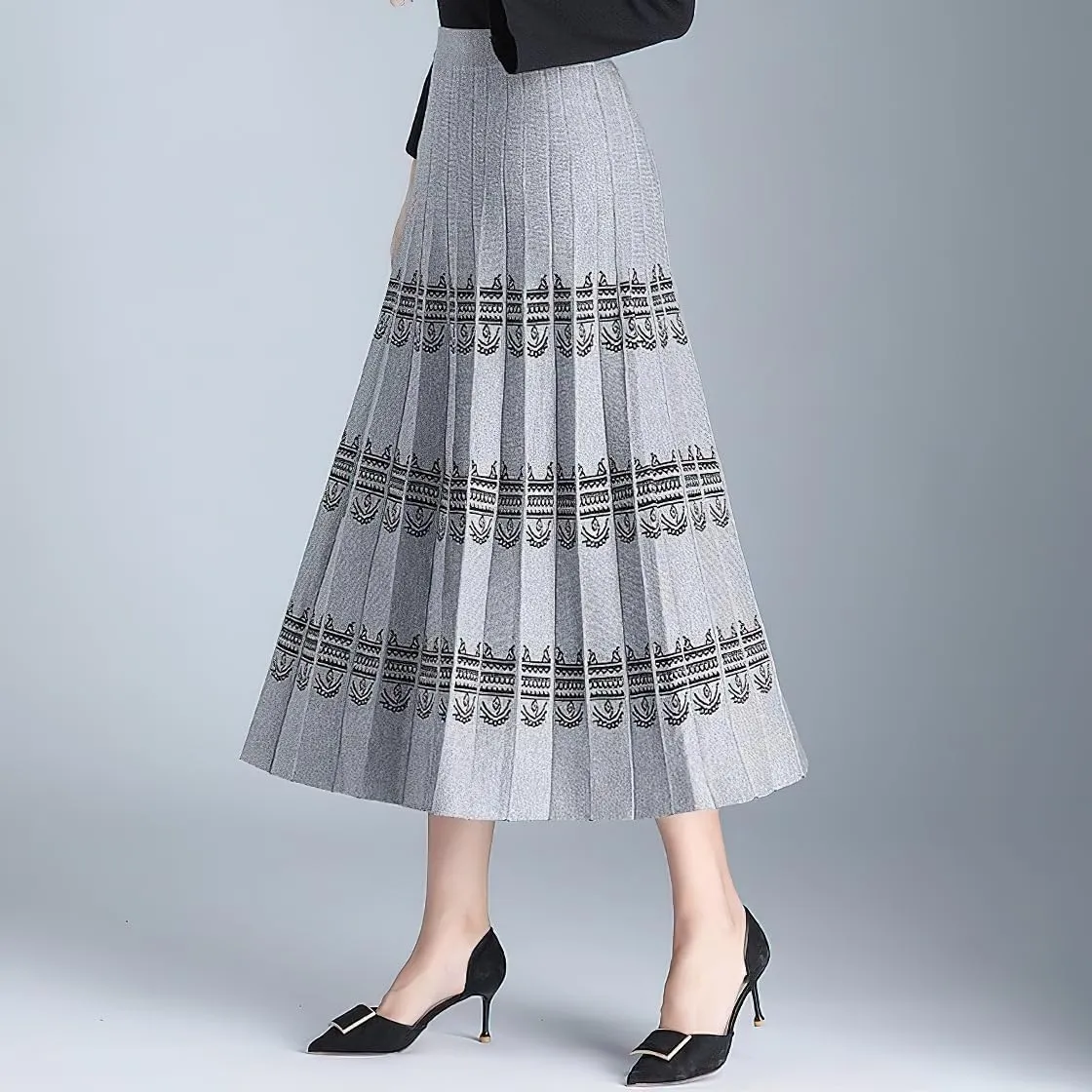 chouyatou Women Winter Boho Western Tribal Aztec Printed Elastic High Waist A Line Knit Pleated Midi Skirt