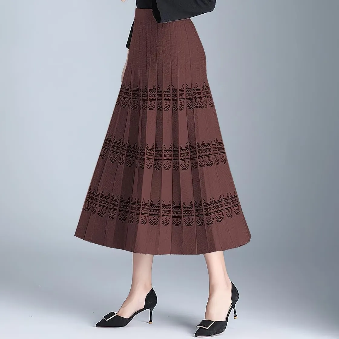 chouyatou Women Winter Boho Western Tribal Aztec Printed Elastic High Waist A Line Knit Pleated Midi Skirt