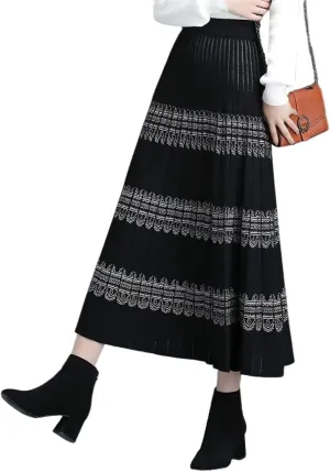chouyatou Women Winter Boho Western Tribal Aztec Printed Elastic High Waist A Line Knit Pleated Midi Skirt