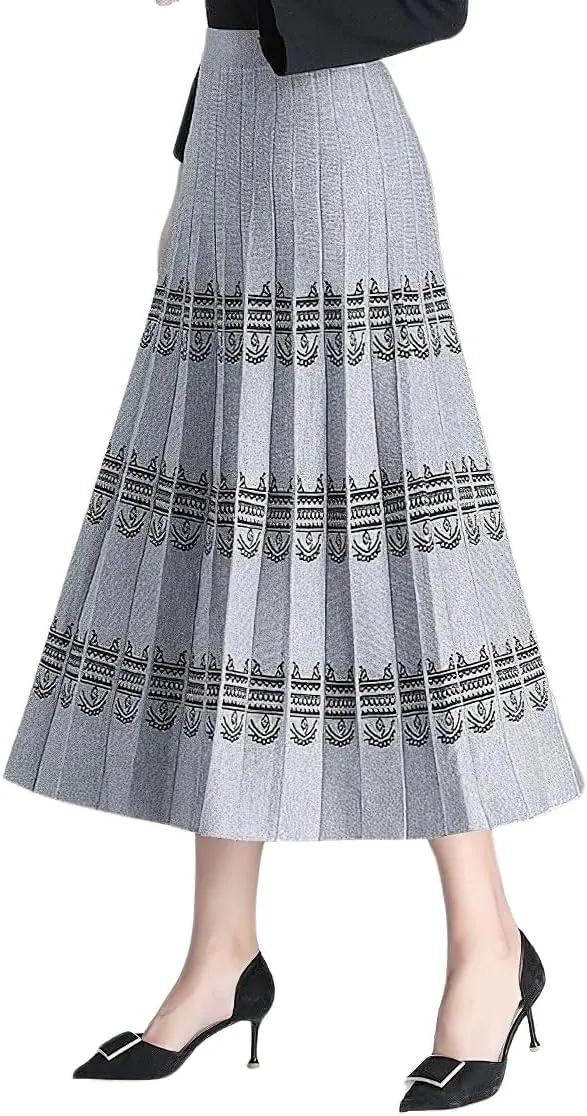 chouyatou Women Winter Boho Western Tribal Aztec Printed Elastic High Waist A Line Knit Pleated Midi Skirt