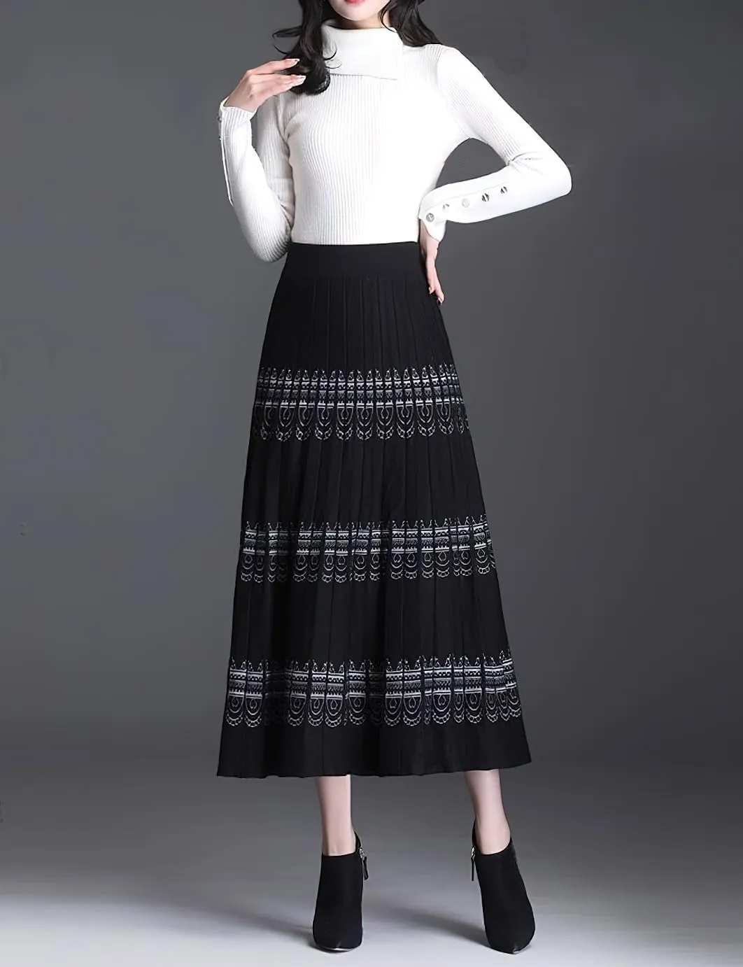 chouyatou Women Winter Boho Western Tribal Aztec Printed Elastic High Waist A Line Knit Pleated Midi Skirt