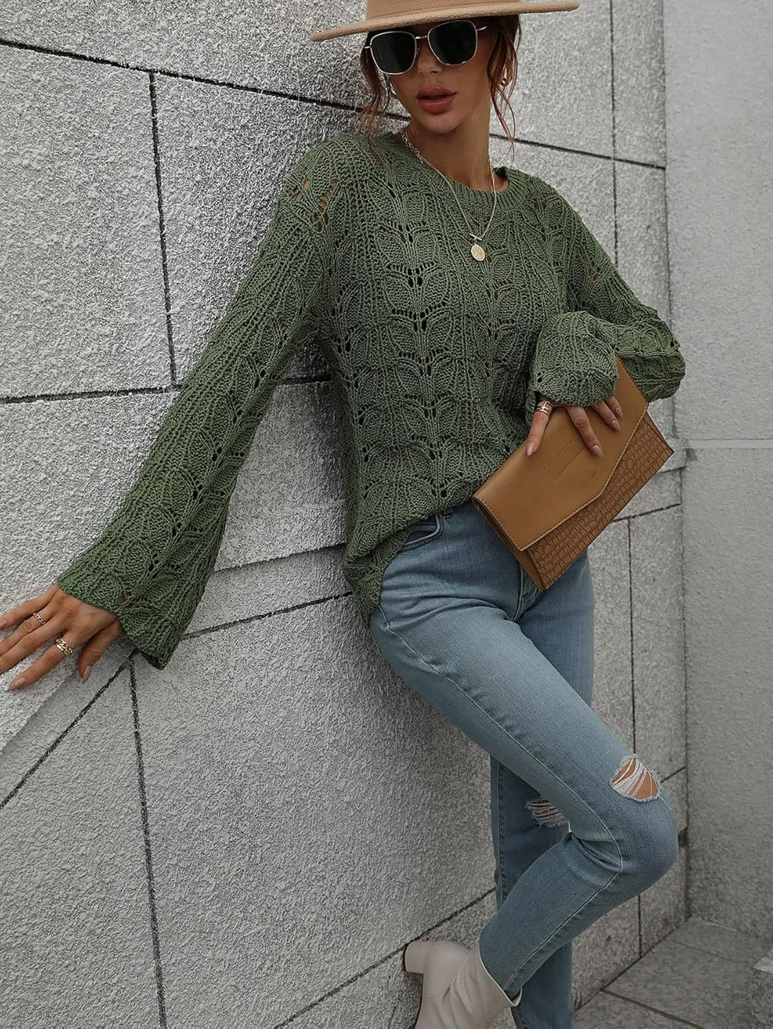 chouyatou Women's Spring Bell Sleeve Crochet Sweater Boho Hollow Out Pullover Sweater Tops Blouse