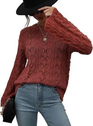 chouyatou Women's Spring Bell Sleeve Crochet Sweater Boho Hollow Out Pullover Sweater Tops Blouse