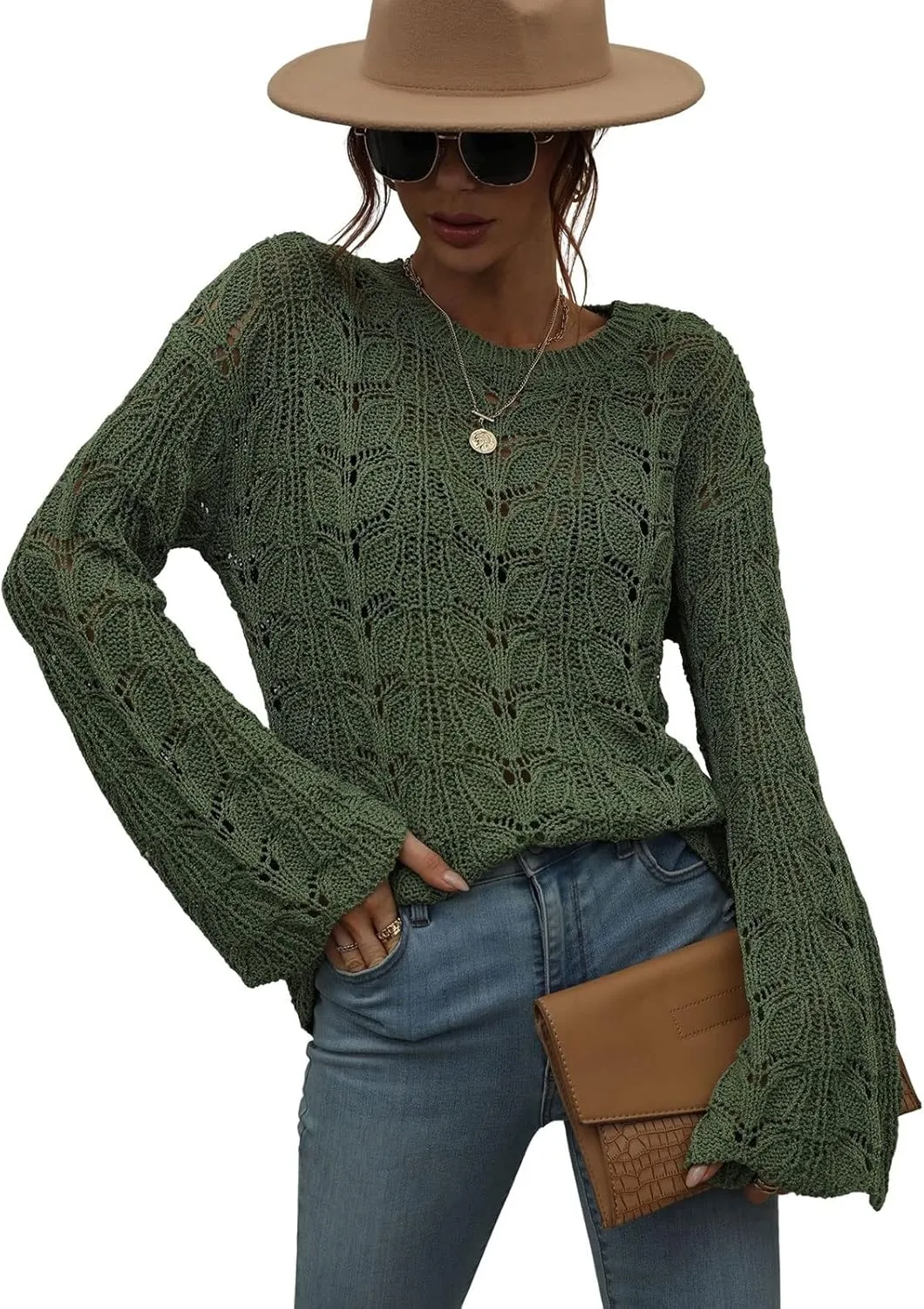 chouyatou Women's Spring Bell Sleeve Crochet Sweater Boho Hollow Out Pullover Sweater Tops Blouse