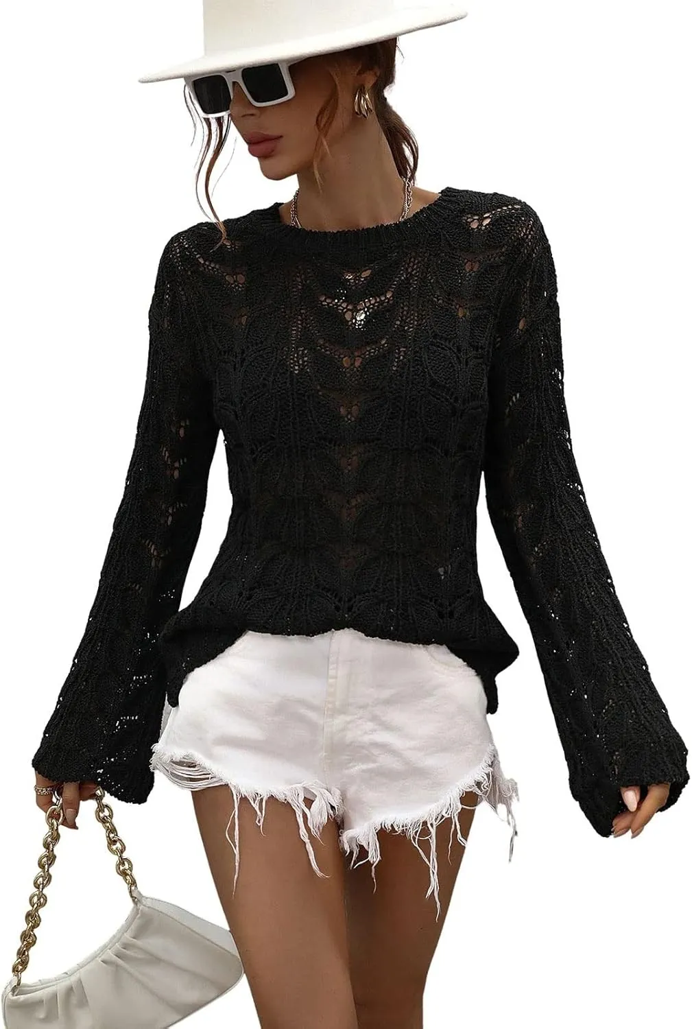 chouyatou Women's Spring Bell Sleeve Crochet Sweater Boho Hollow Out Pullover Sweater Tops Blouse