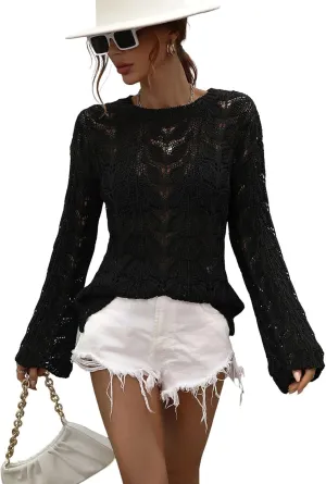 chouyatou Women's Spring Bell Sleeve Crochet Sweater Boho Hollow Out Pullover Sweater Tops Blouse