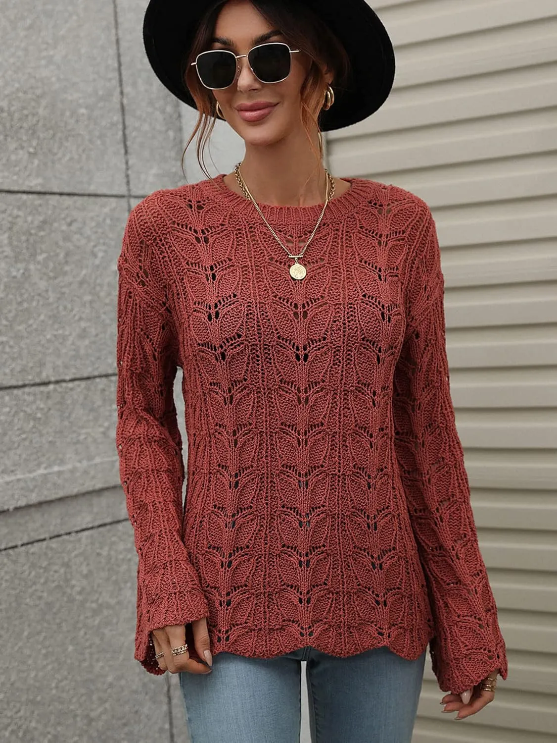 chouyatou Women's Spring Bell Sleeve Crochet Sweater Boho Hollow Out Pullover Sweater Tops Blouse