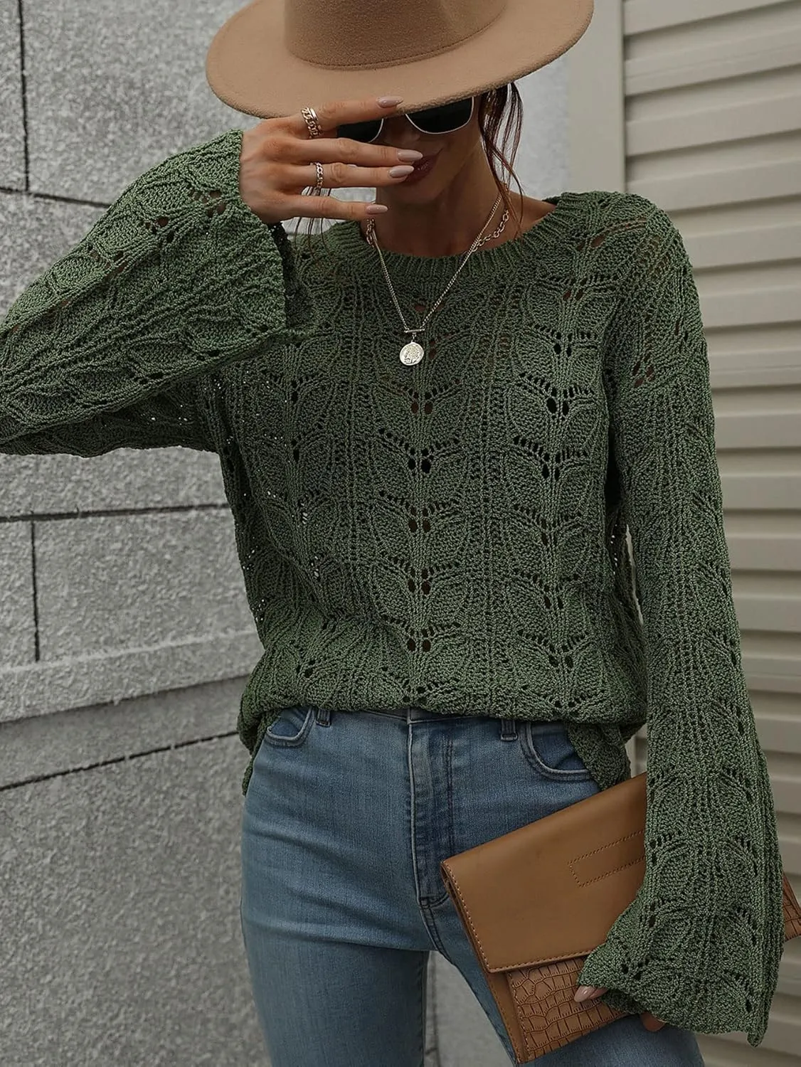 chouyatou Women's Spring Bell Sleeve Crochet Sweater Boho Hollow Out Pullover Sweater Tops Blouse