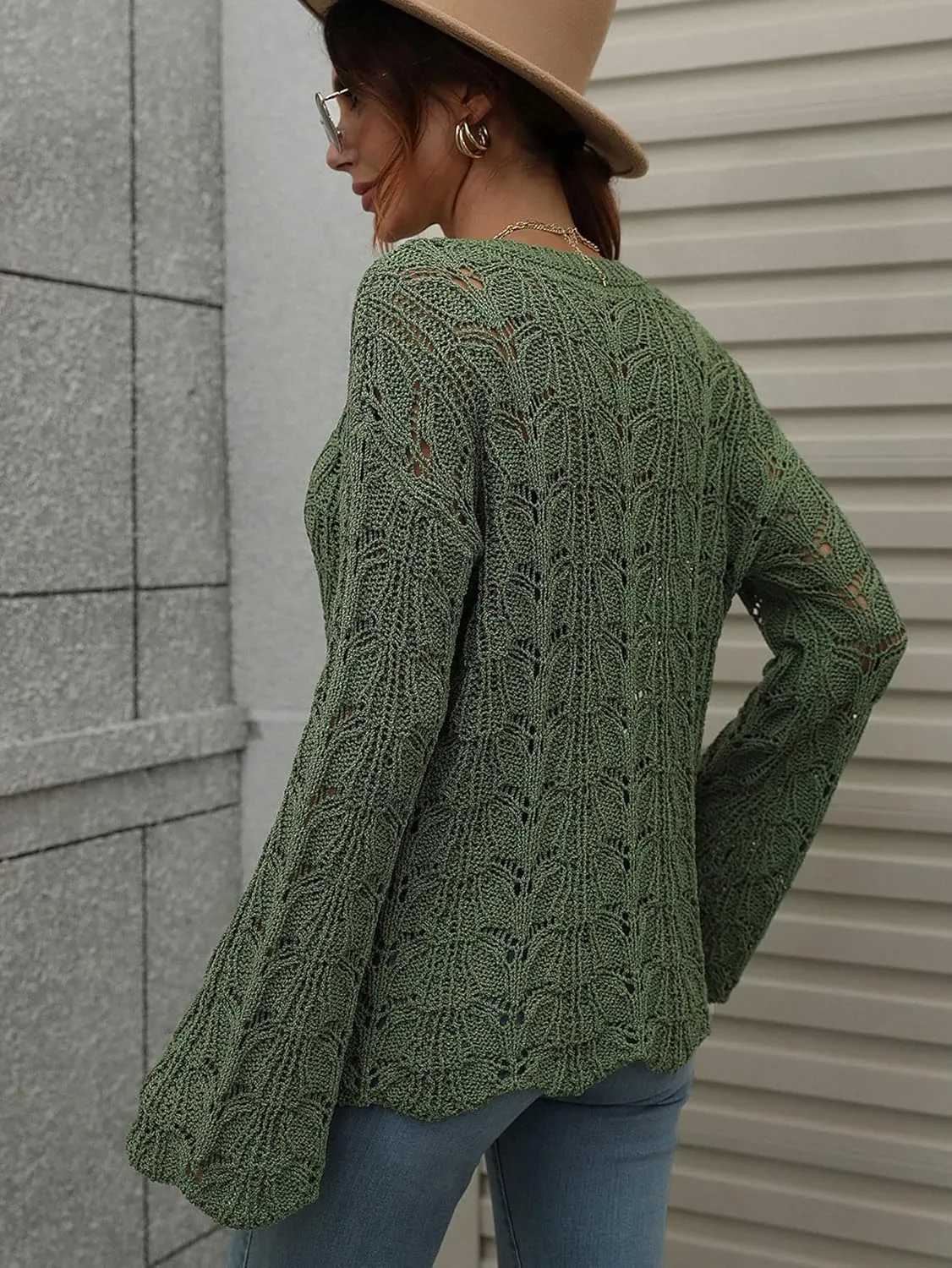 chouyatou Women's Spring Bell Sleeve Crochet Sweater Boho Hollow Out Pullover Sweater Tops Blouse