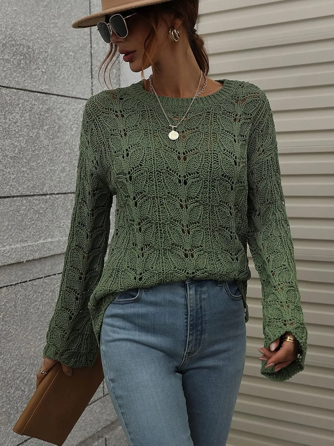 chouyatou Women's Spring Bell Sleeve Crochet Sweater Boho Hollow Out Pullover Sweater Tops Blouse