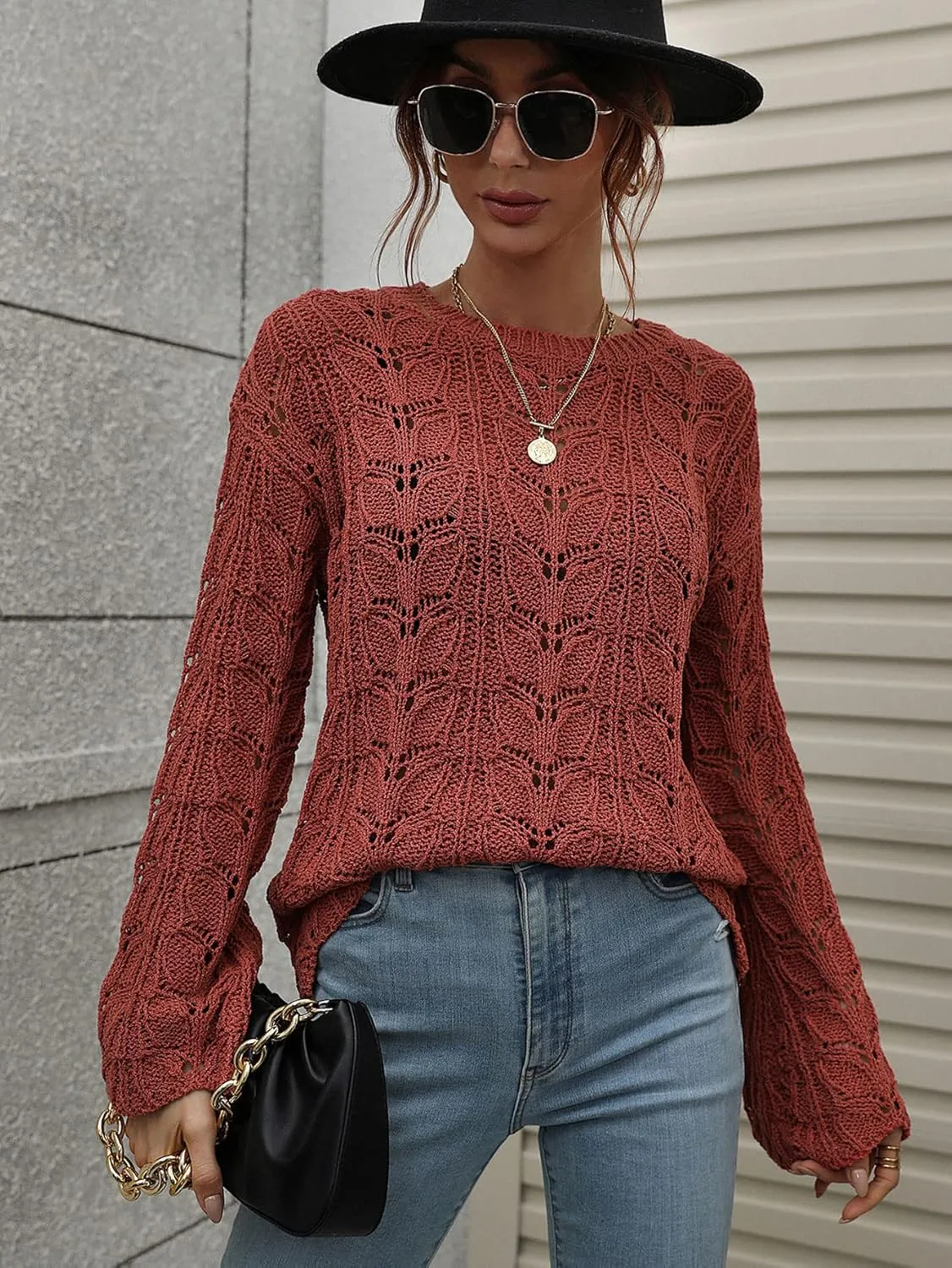 chouyatou Women's Spring Bell Sleeve Crochet Sweater Boho Hollow Out Pullover Sweater Tops Blouse