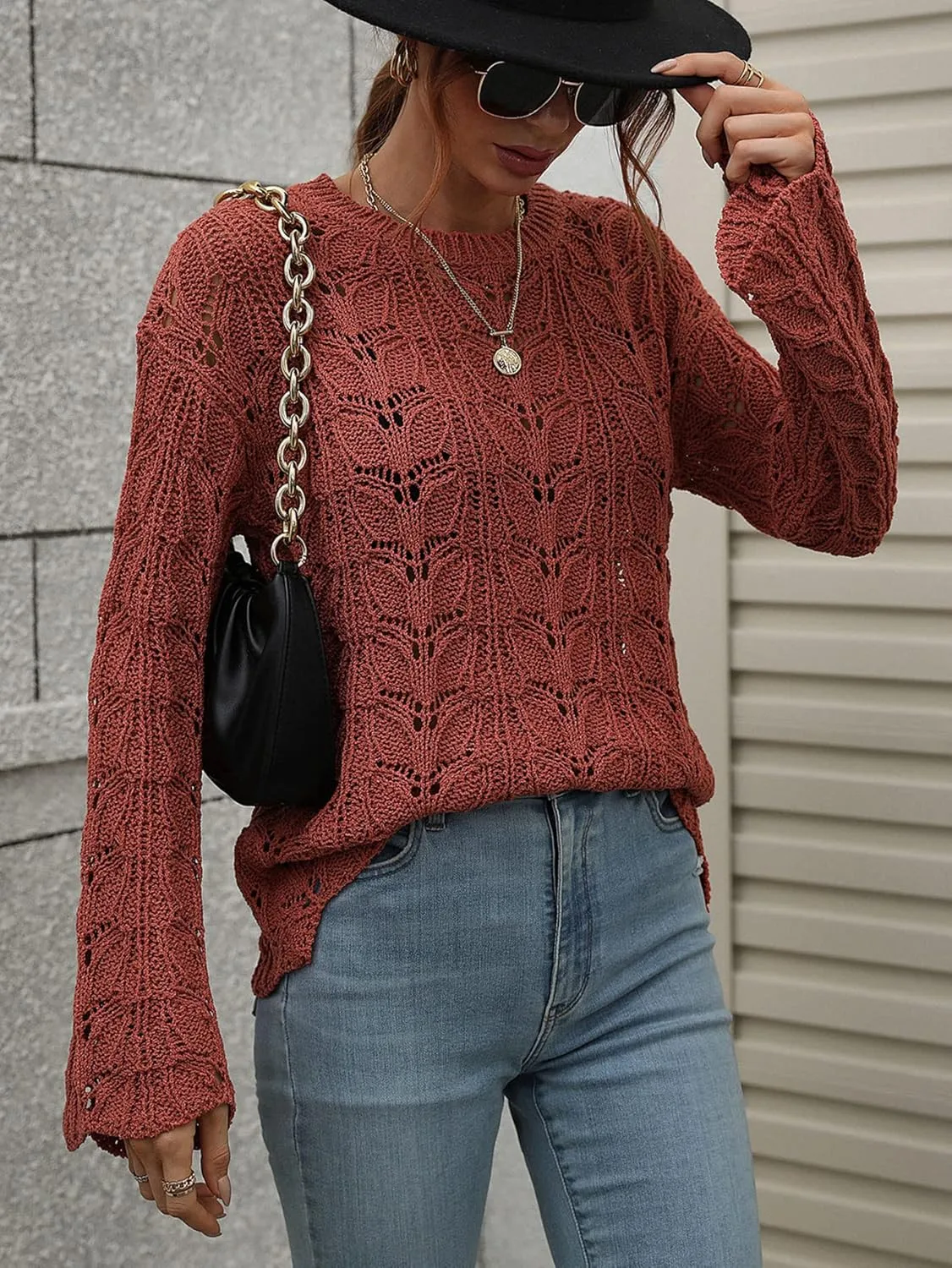 chouyatou Women's Spring Bell Sleeve Crochet Sweater Boho Hollow Out Pullover Sweater Tops Blouse