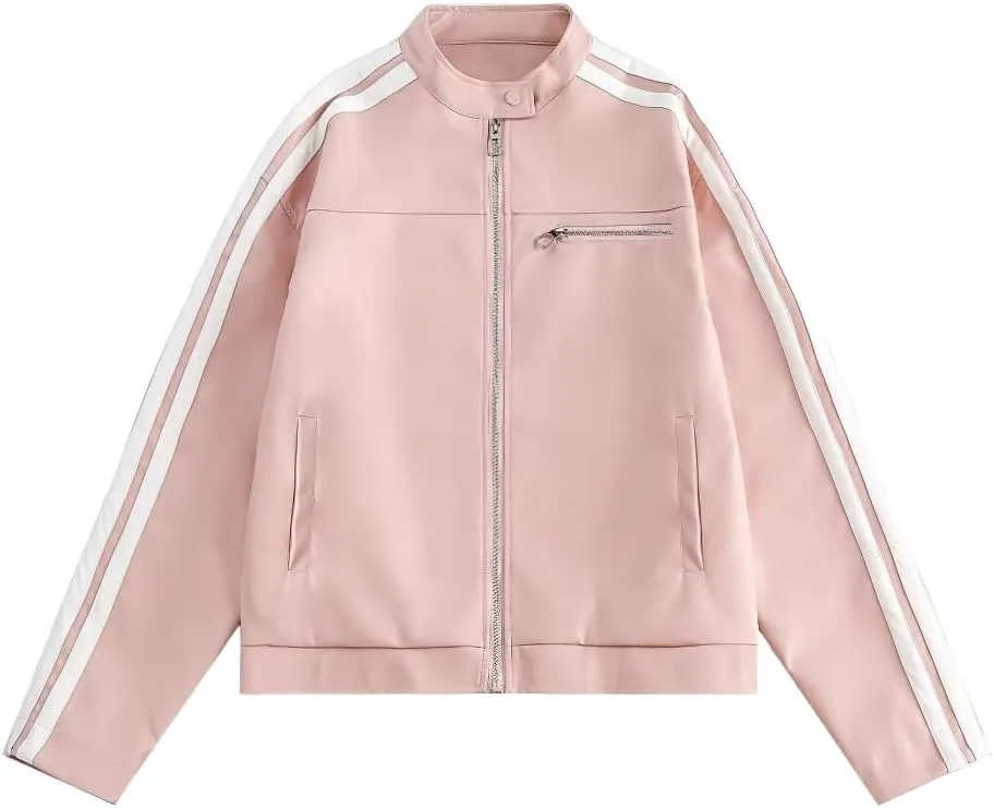 chouyatou Womens Y2k Moto PU Jacket Zip Up Bomber Jacket Stand Collar Faux Leather Jacket Coat with Pockets
