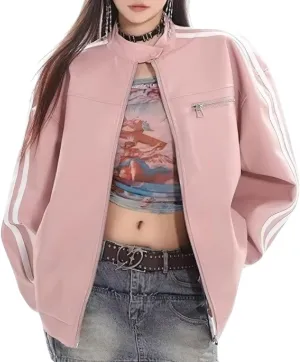 chouyatou Womens Y2k Moto PU Jacket Zip Up Bomber Jacket Stand Collar Faux Leather Jacket Coat with Pockets