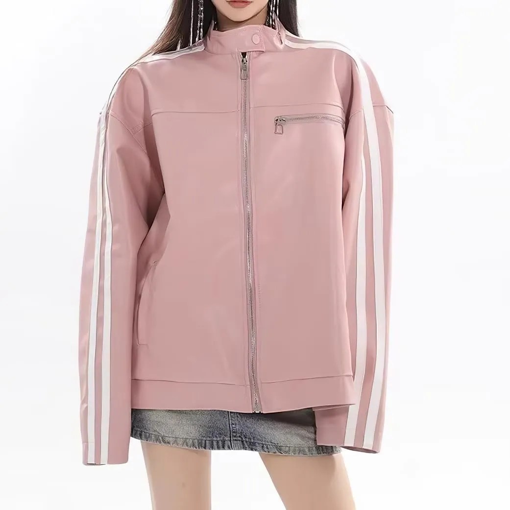 chouyatou Womens Y2k Moto PU Jacket Zip Up Bomber Jacket Stand Collar Faux Leather Jacket Coat with Pockets