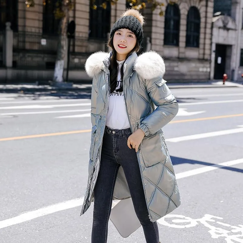 CJQJPNZ Fur Collar Hooded Winter Long Women Parkas Thicken Quilted Cotton Padded Coat For Ladies Solid Zipper Warm Jacket-