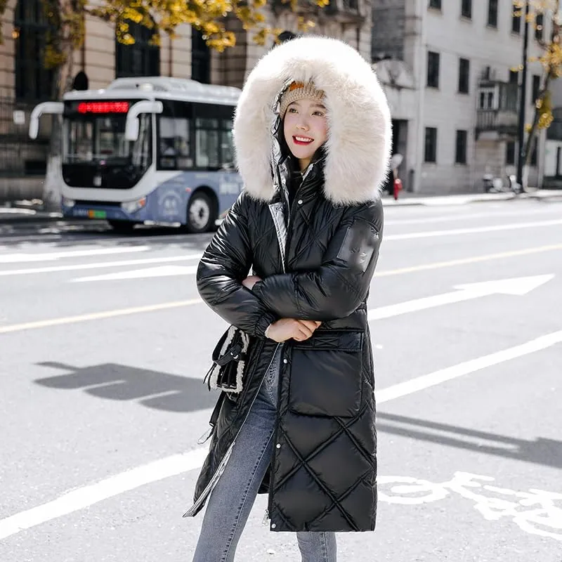 CJQJPNZ Fur Collar Hooded Winter Long Women Parkas Thicken Quilted Cotton Padded Coat For Ladies Solid Zipper Warm Jacket-