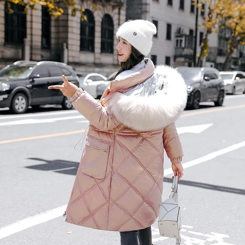 CJQJPNZ Fur Collar Hooded Winter Long Women Parkas Thicken Quilted Cotton Padded Coat For Ladies Solid Zipper Warm Jacket-