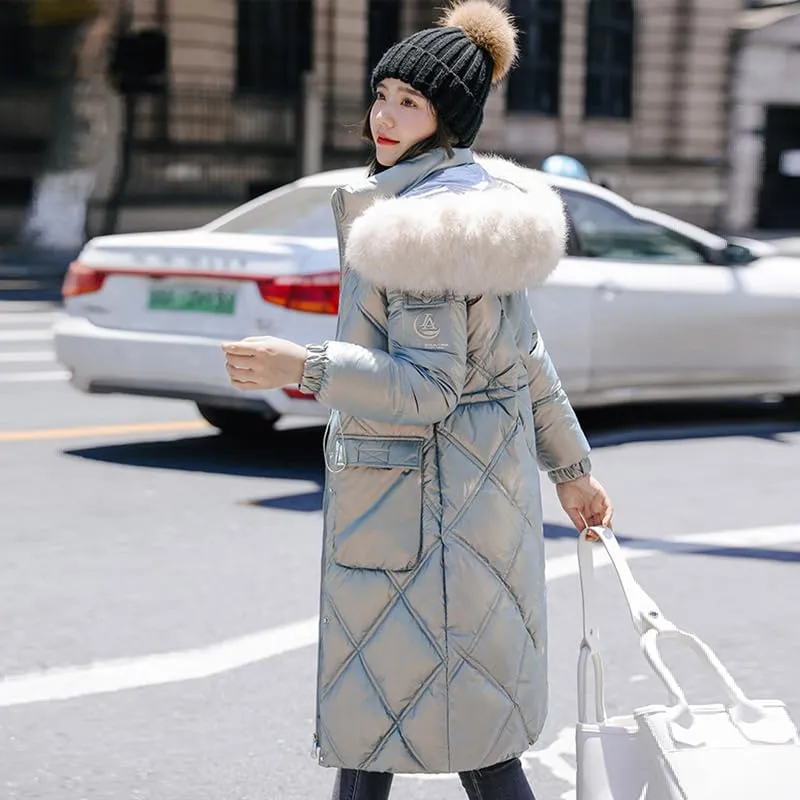 CJQJPNZ Fur Collar Hooded Winter Long Women Parkas Thicken Quilted Cotton Padded Coat For Ladies Solid Zipper Warm Jacket-