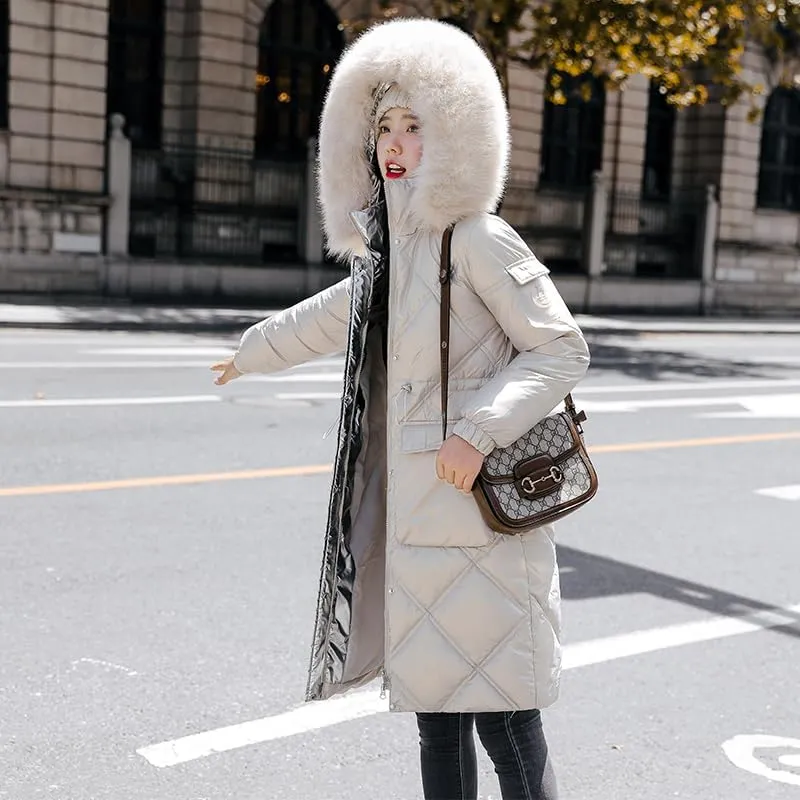 CJQJPNZ Fur Collar Hooded Winter Long Women Parkas Thicken Quilted Cotton Padded Coat For Ladies Solid Zipper Warm Jacket-