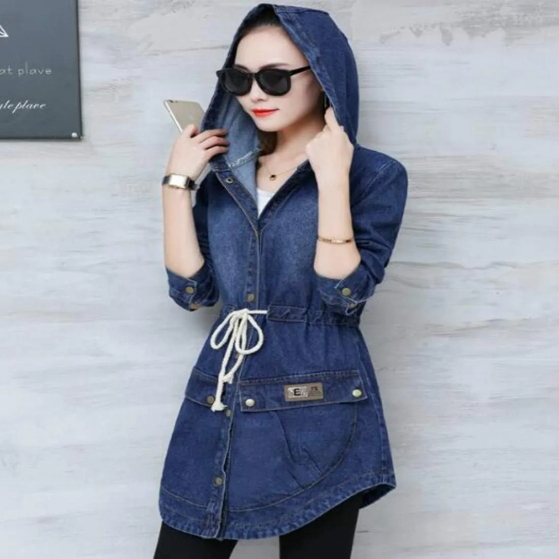 Colygamala Women's Long Denim Jacket Plus Size Zipper Long Sleeve Windbreaker With Hoodie (S-3XL)