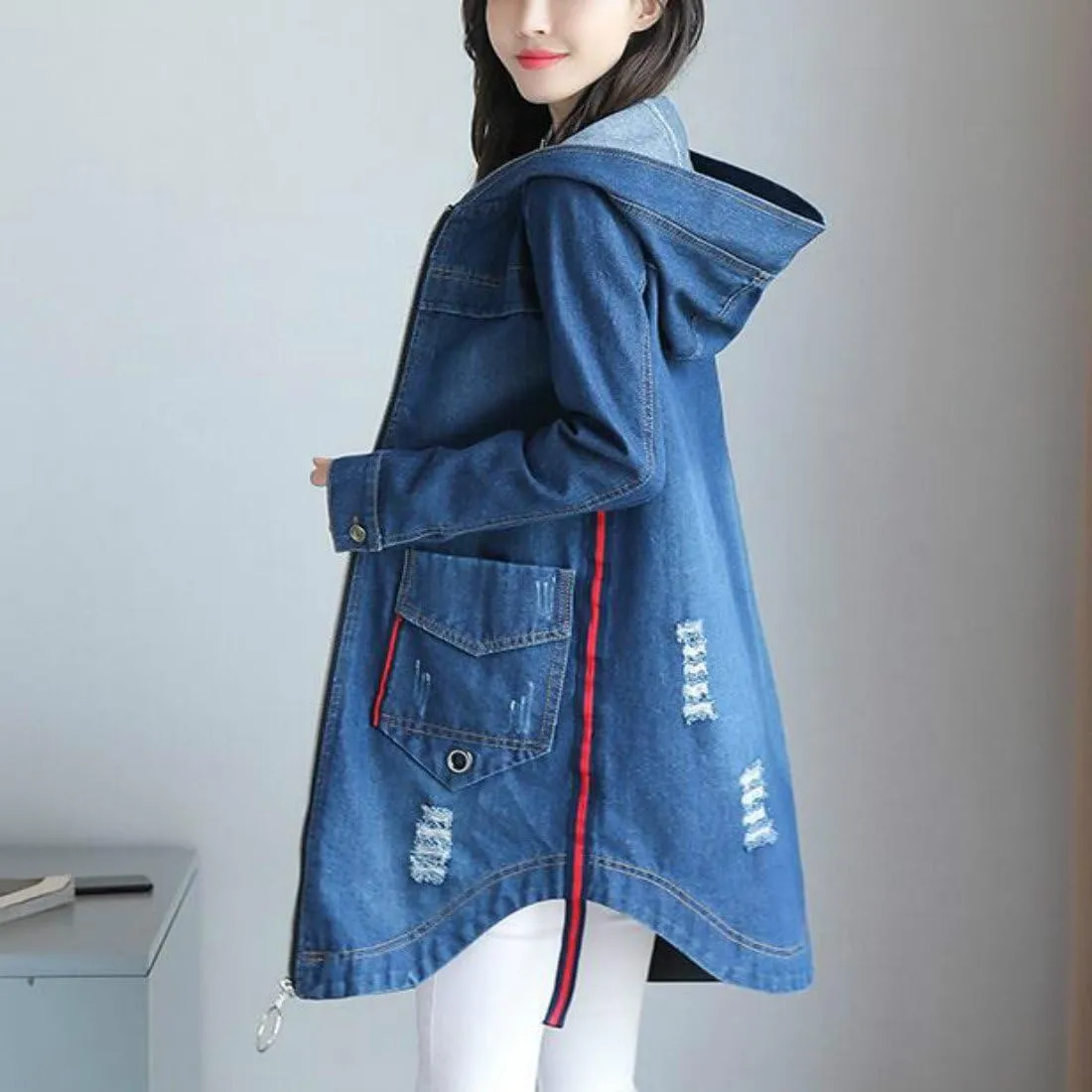 Colygamala Women's Long Denim Jacket Plus Size Zipper Long Sleeve Windbreaker With Hoodie (S-3XL)