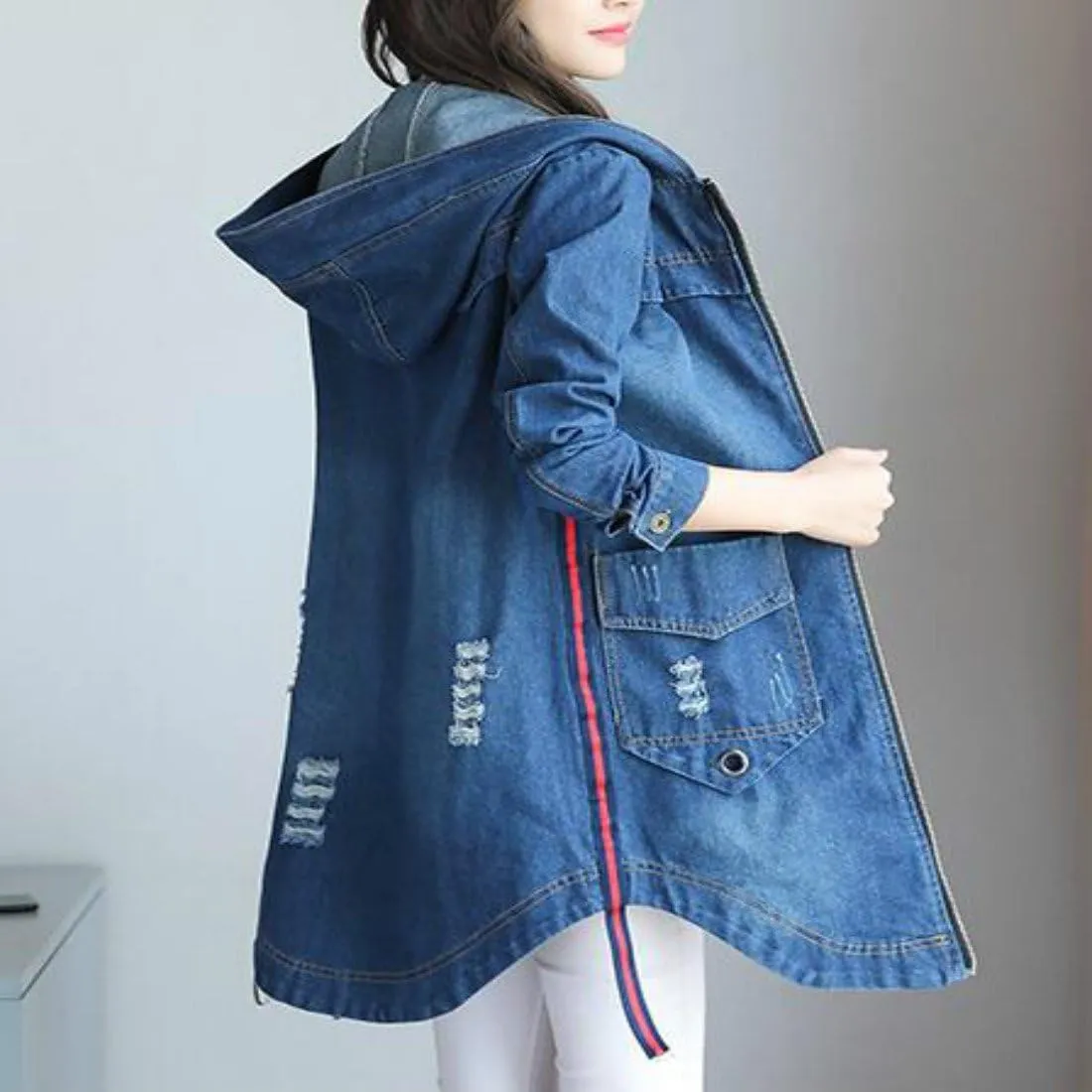 Colygamala Women's Long Denim Jacket Plus Size Zipper Long Sleeve Windbreaker With Hoodie (S-3XL)