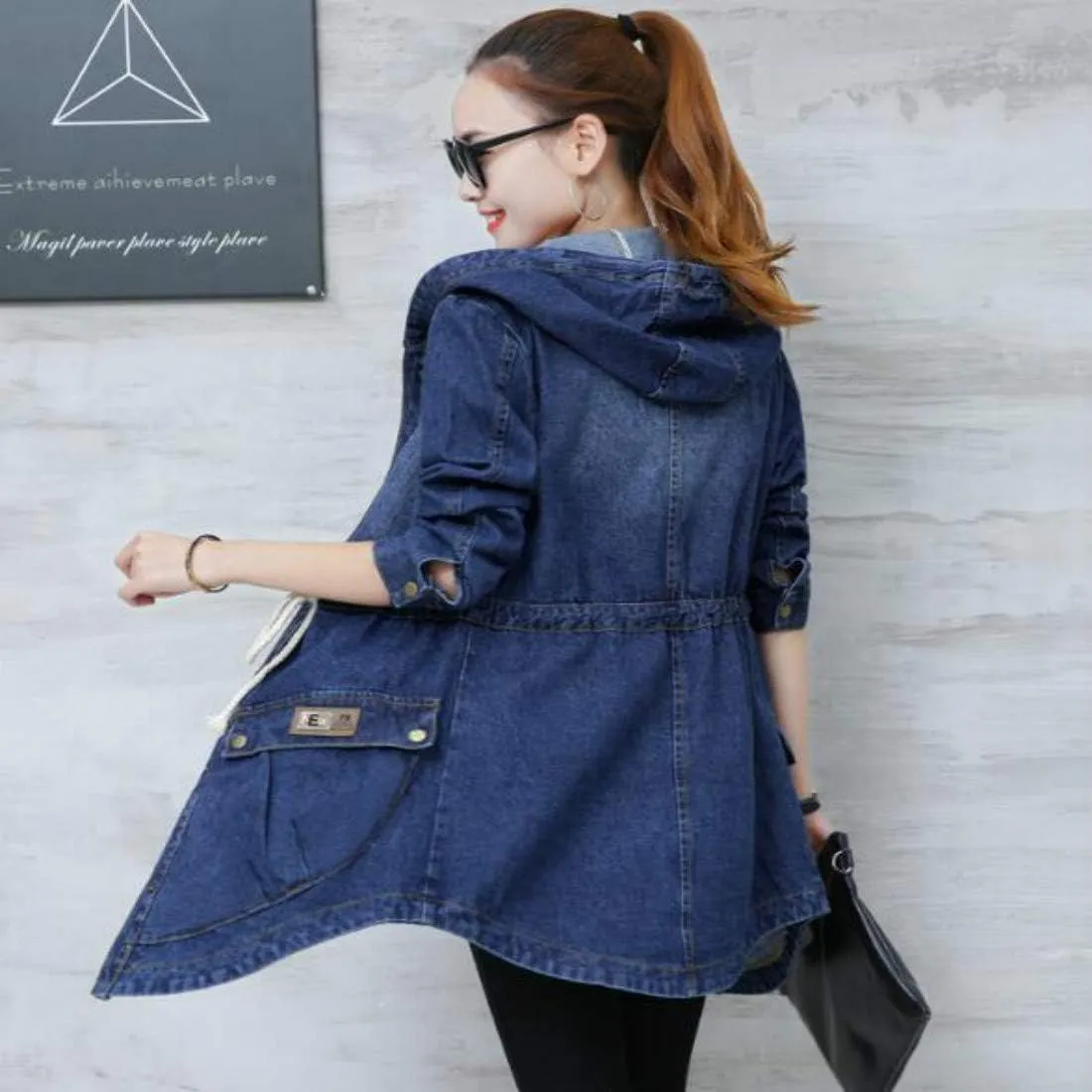 Colygamala Women's Long Denim Jacket Plus Size Zipper Long Sleeve Windbreaker With Hoodie (S-3XL)