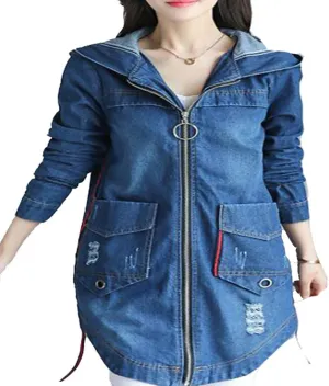Colygamala Women's Long Denim Jacket Plus Size Zipper Long Sleeve Windbreaker With Hoodie (S-3XL)