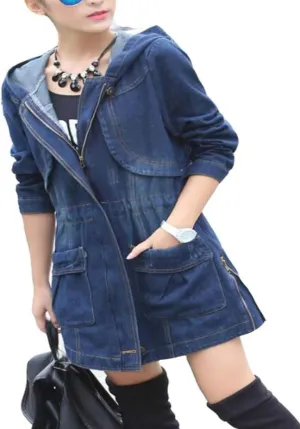 Colygamala Women's Long Denim Jacket Plus Size Zipper Long Sleeve Windbreaker With Hoodie (S-3XL)