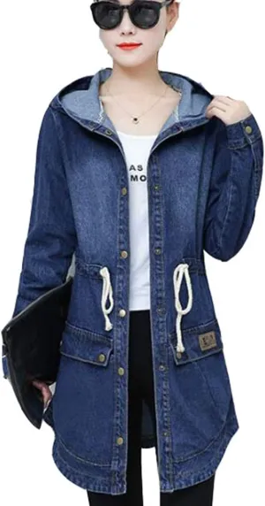 Colygamala Women's Long Denim Jacket Plus Size Zipper Long Sleeve Windbreaker With Hoodie (S-3XL)