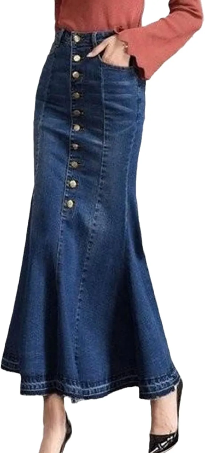 Conshvi Women's Elegant Button Down Long Denim Skirt High Waisted Distressed Flared Frayed Hem Stretch Jean Skirts